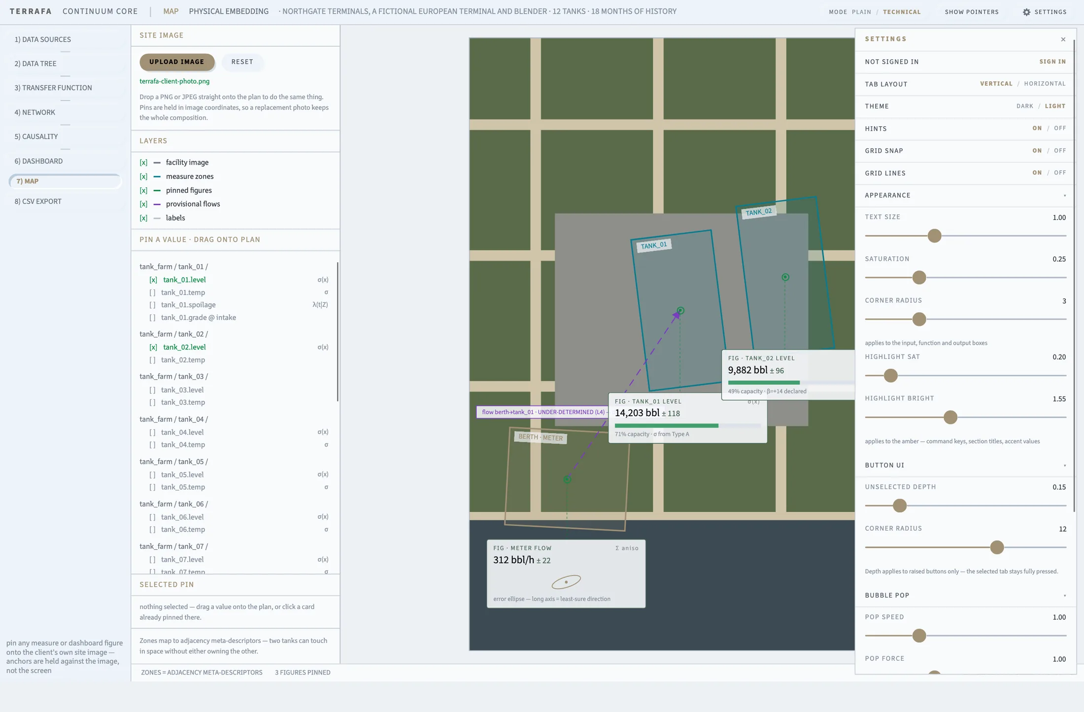 The settings panel open on the right of the workspace with its sections expanded.