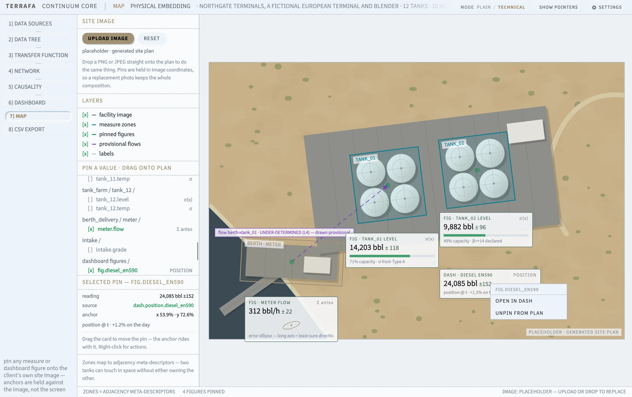 A pin selected on the plan, its details in the Selected Pin panel and a context menu offering Open in Dash and Unpin from Plan.