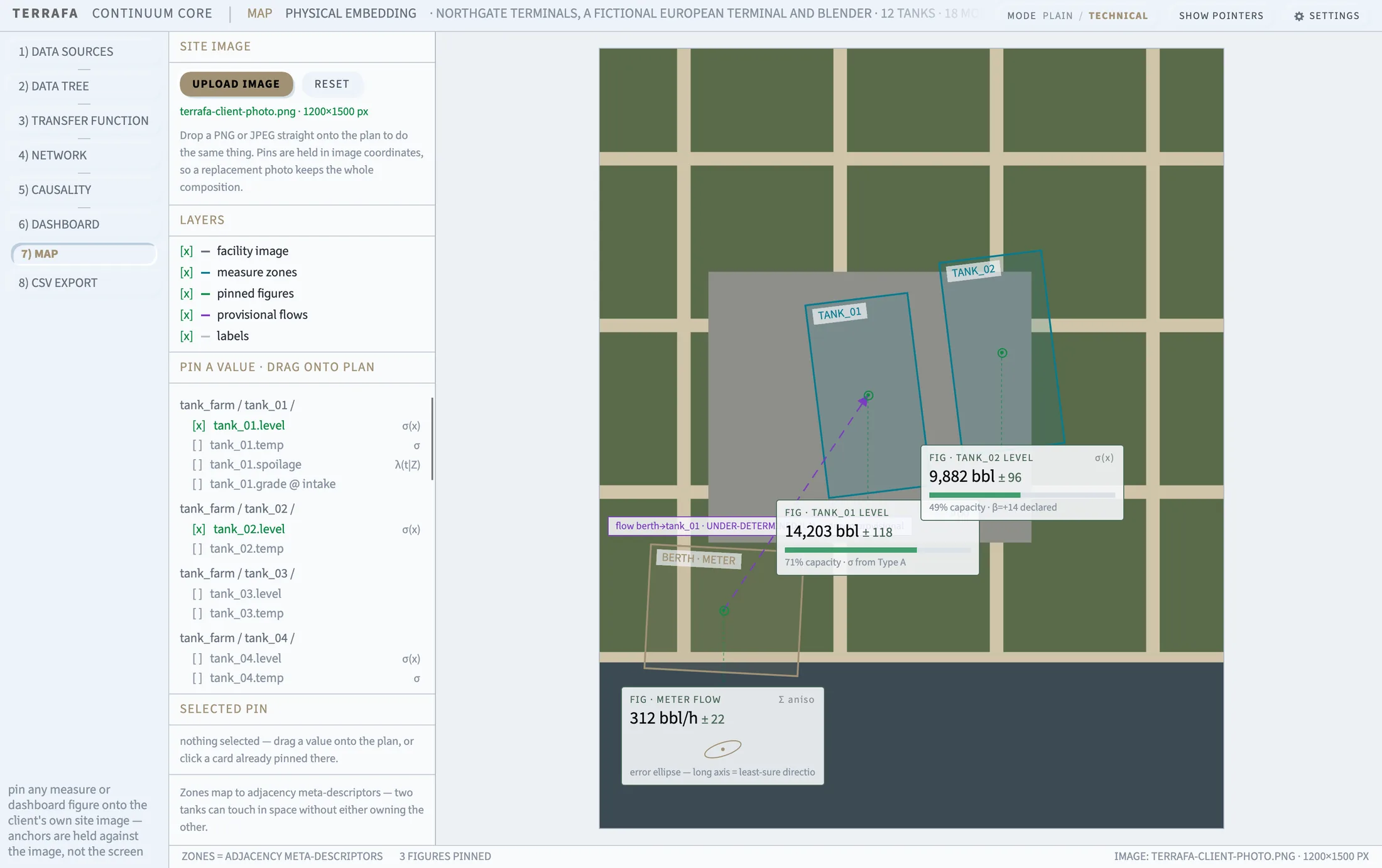 The Map tab with an uploaded site photo as the plan, pins and zones drawn over it.